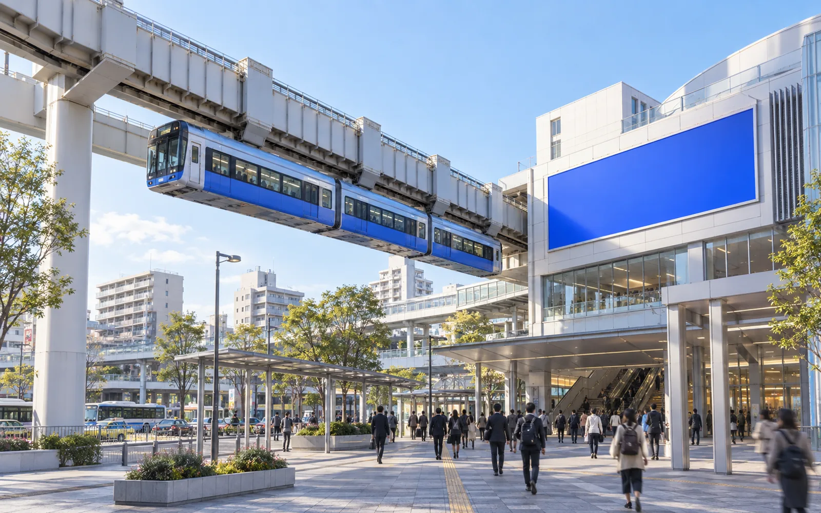 千葉をイメージした朝の駅前。懸垂式モノレールと通勤客、青い広告パネル